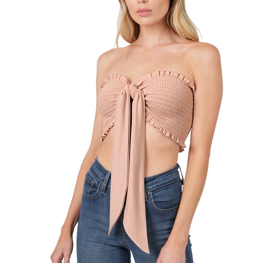 5180 ZENANA Dusty Blush Pink French Terry Smocked Tube Top w Front Tie